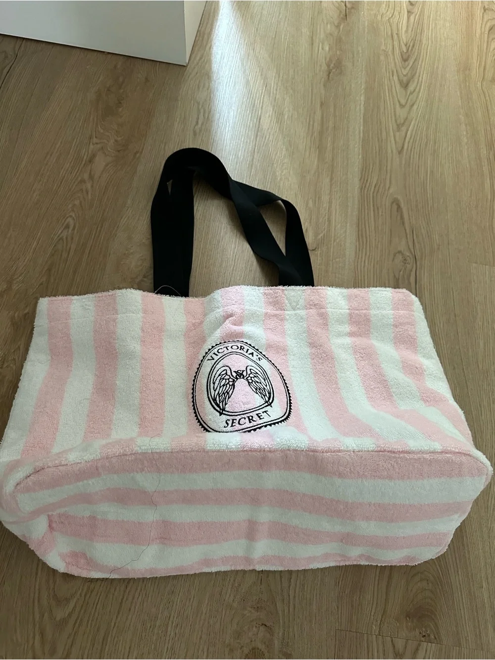 Victoria's Secret Pink and White Striped Tote with Black Handles